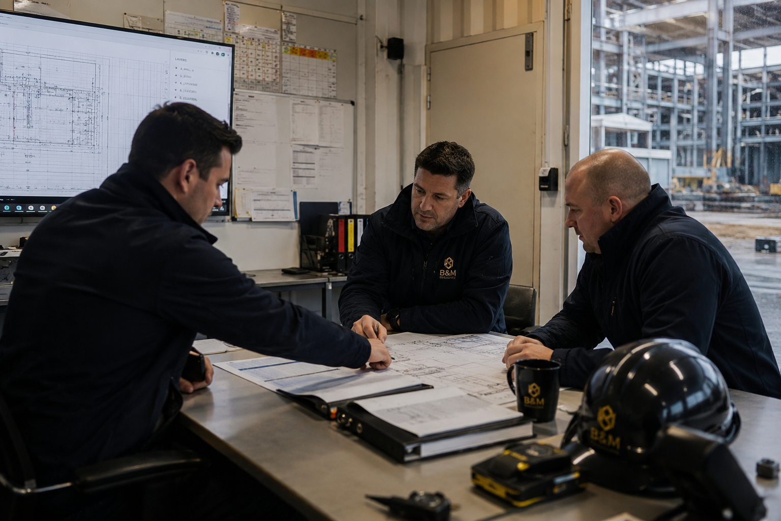 B&M Projekte Team im Baustellenbüro bei der Durchsicht von Bauplänen, mit einer Stahlkonstruktion im Hintergrund durch das Fenster sichtbar