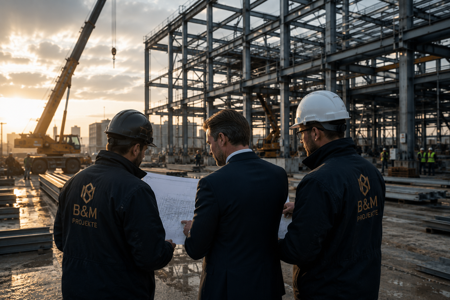 B&M Projekte Team auf der Baustelle bei Sonnenuntergang — zwei Teammitglieder in Firmenjacken besprechen Pläne mit einem Kunden an einer Stahlkonstruktion