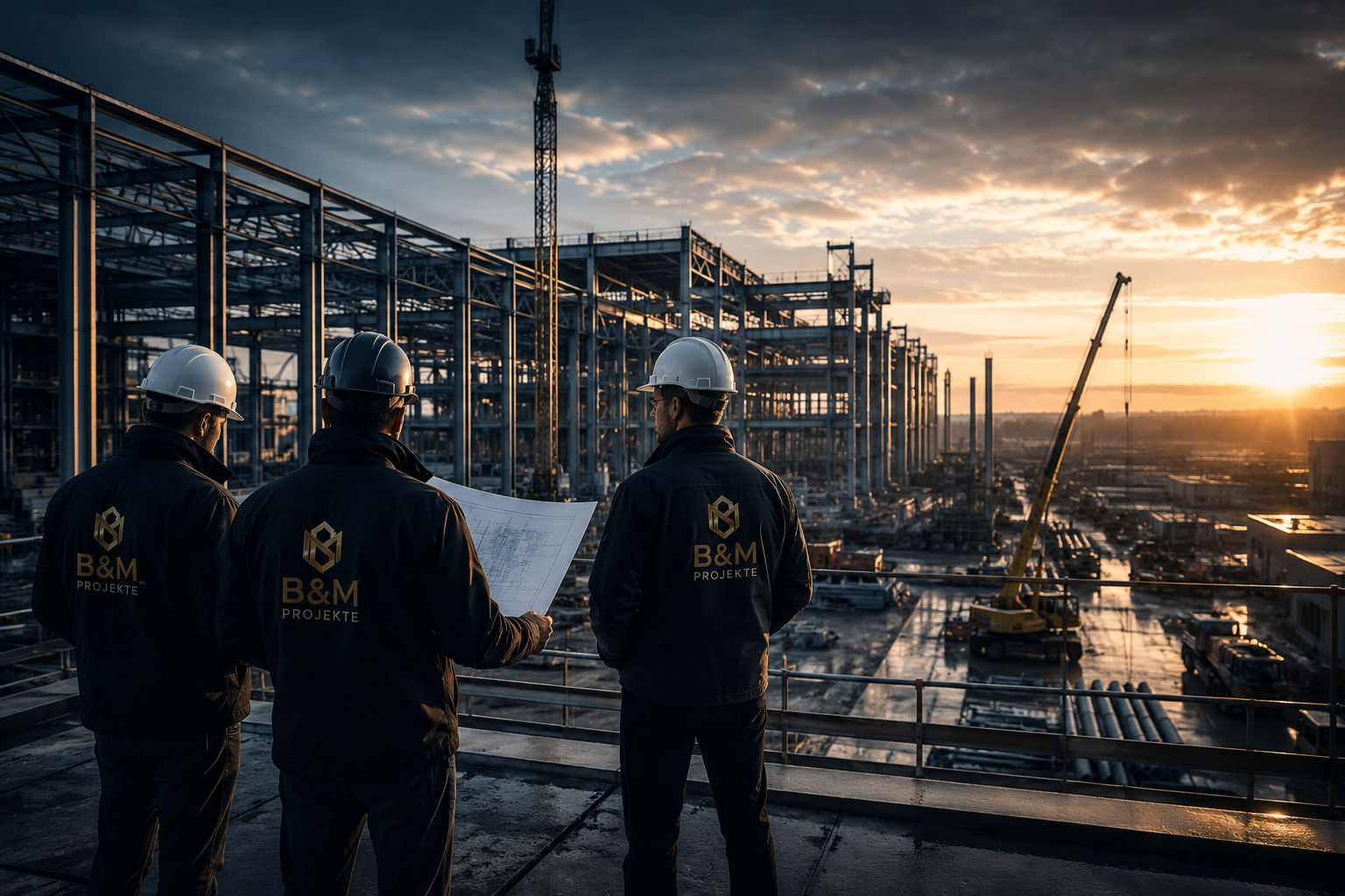 B&M Projekte Team auf der Baustelle bei Sonnenuntergang — drei Mitarbeiter in Firmenjacken und Schutzhelmen besprechen einen Plan